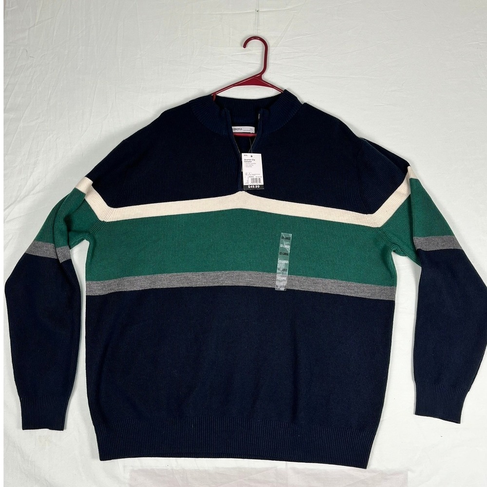 Sonoma Sweater Mens XXL Quarter-Zip Navy Blue Green Colorblock Ribbed NEW
